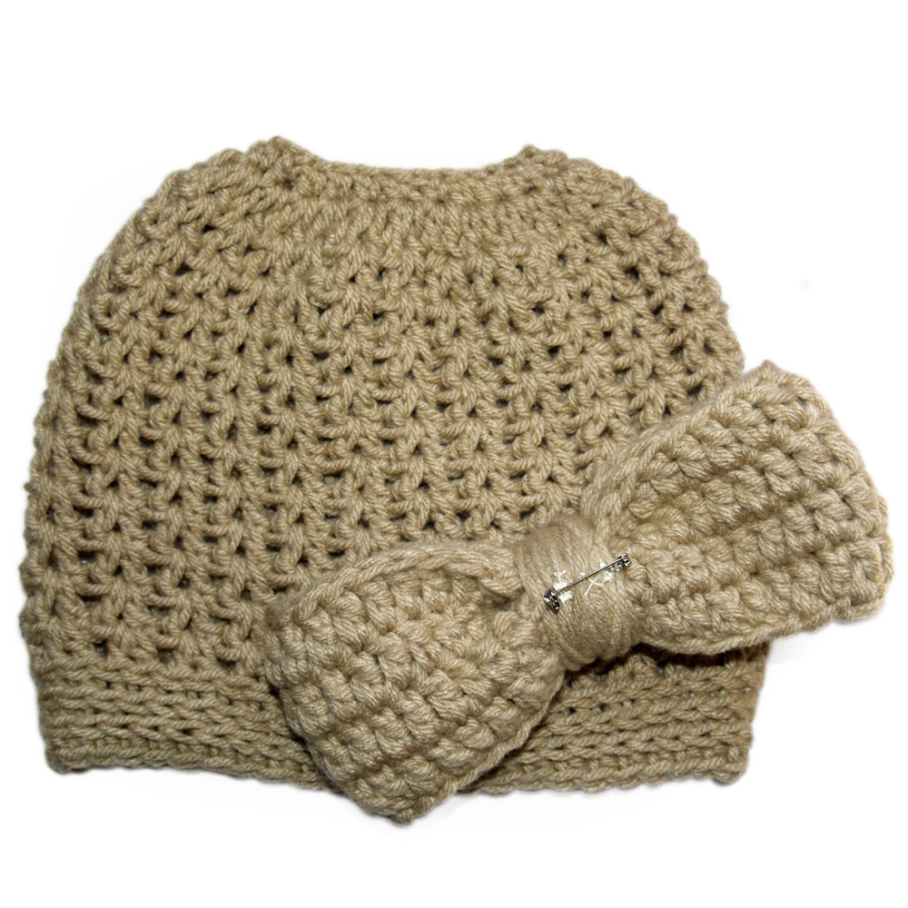Tan Messy Bun Hat w/Clip-On Bow - MADE TO ORDER